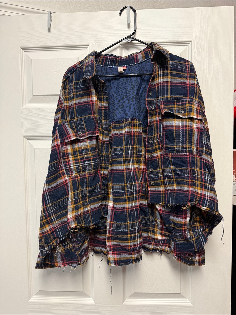 Distressed Plaid Flannel Shirt Jacket - Navy, Mustard, Red